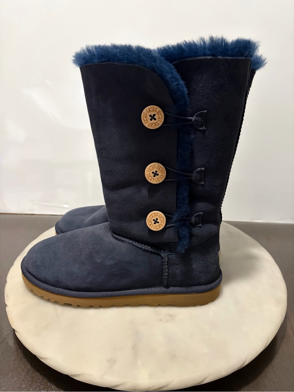 Ugg Australia Blue Bailey Button Triplet Tall Fur Lined Navy Blue Boots Size 6